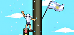 Captura de pantalla del videojuego. Una persona con camiseta de Argentina trepada al semáforo.