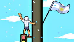 Captura de pantalla del videojuego. Una persona con camiseta de Argentina trepada al semáforo.