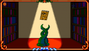 Captura de pantalla del videojuego. En él, aparece un libro con rostro flotando por encima de unos tentáculos en una biblioteca.